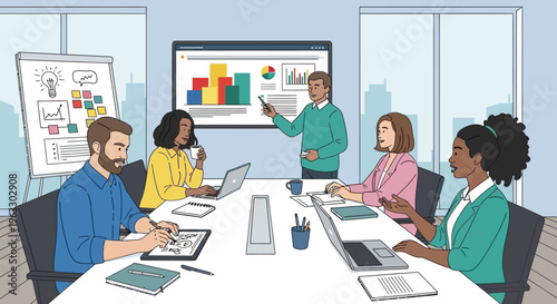 Diverse team collaborating in modern office meeting room with presentation