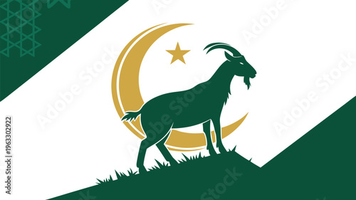 Eid ul Adha Mubarak Vector with Goat and Crescent Moon Islamic Greeting Design
