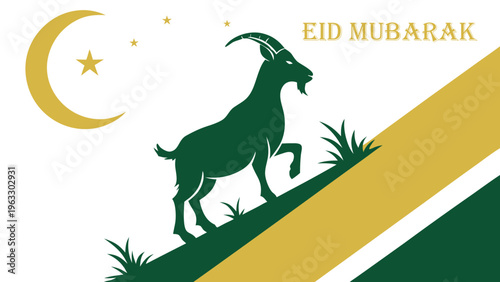 Eid ul Adha Mubarak Islamic Festival Greeting with Goat Silhouette Crescent Moon Green Gold Vector