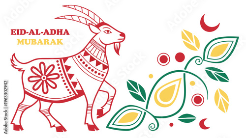 Eid ul Adha Mubarak Greeting Card with Decorative Goat and Floral Vector Illustration