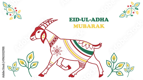 Eid ul Adha Mubarak Greeting Card with Decorative Goat Vector Illustration. Bakrid Mubarak Greeting Card Vector with Traditional Goat Artwork