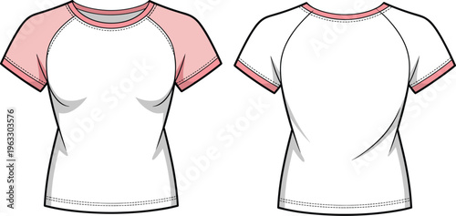 Women's blank raglan t-shirt template, pink and white short sleeve top, front and back design illustration, casual clothing apparel mockup vector.