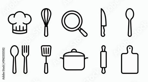 Essential kitchen utensils and cooking tools presented as clean line art icons, ideal for culinary blogs, recipe guides, and food preparation themes
