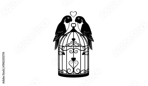 Love Birds on Cage Romantic Silhouette Wedding Vector Illustration