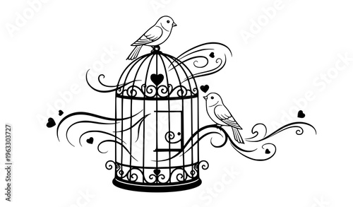 Decorative Love Birds on Ornate Cage Romantic Vector Design