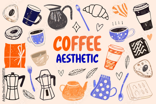 A colorful hand drawn illustration of coffee pastries and related items