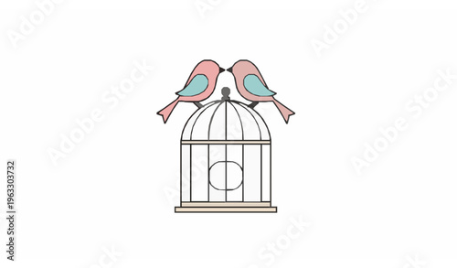 Minimal Love Birds on Cage Romantic Wedding Icon Vector