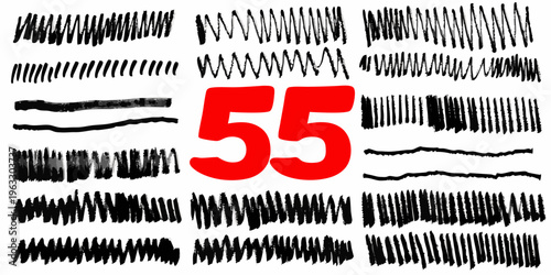Abstract arrangement of black scribbles and the number fifty five