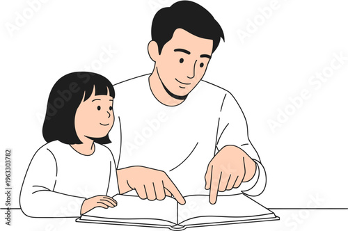Father and daughter reading a book together, a scene of family bonding and education
