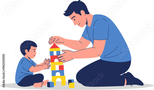 Father and son building a colorful block tower together, a moment of shared joy and learning