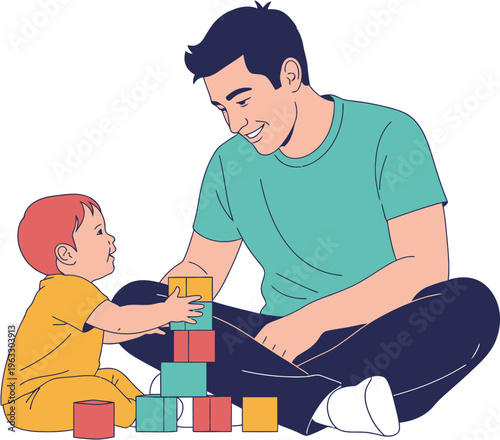A heartwarming illustration capturing a father and his baby enjoying a cheerful moment of constructive play with colorful building blocks, fostering development and a strong family bond