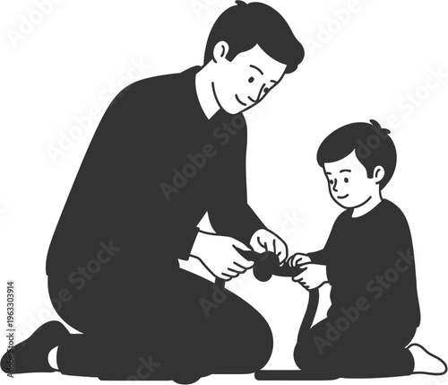 A heartwarming illustration showcasing a father and son bonding during an activity, highlighting joyful parental guidance, childhood learning, and strong family connection