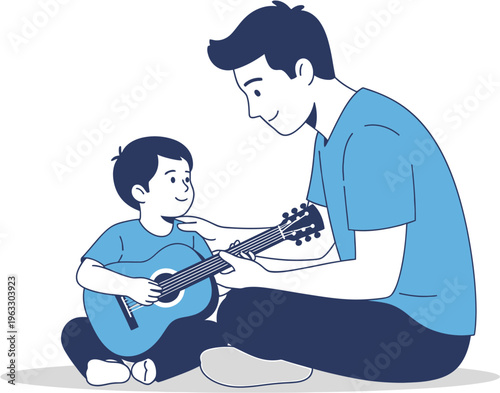 Heartwarming illustration of a loving father teaching his young son to play the guitar, fostering a beautiful family bond and introducing the joy of music in a supportive home