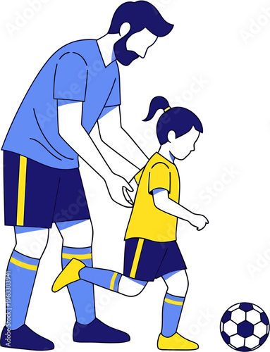 An heartwarming illustration of a father patiently teaching his young daughter the fundamentals of playing soccer, highlighting family connection and active childhood development through sports