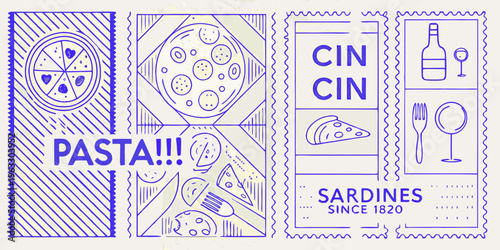 Stylized illustration of pizza pasta sardines and dining utensils