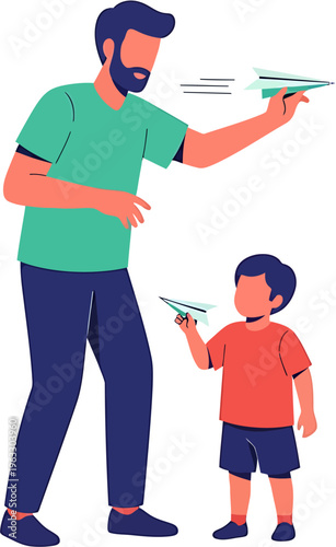 Father and son happily playing with paper airplanes together, symbolizing childhood joy and family bonding