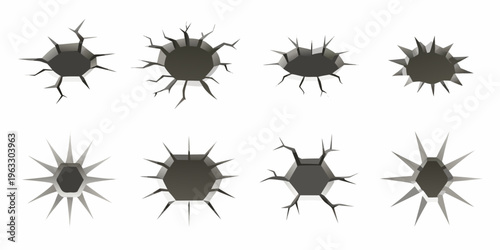 Eight cracked wall designs with varying shapes and perspectives displayed