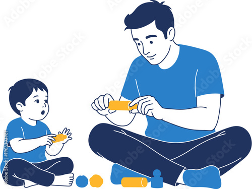 Father and son enjoying educational playtime together on the floor, building with colorful blocks, fostering strong family bonds and positive childhood development