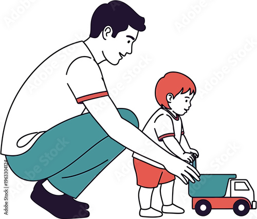 Father and son playing with a toy truck, bonding and childhood memories