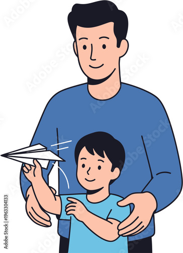 Happy father and son enjoying playful moments together, making and flying a paper airplane, symbolizing cherished childhood memories and paternal guidance