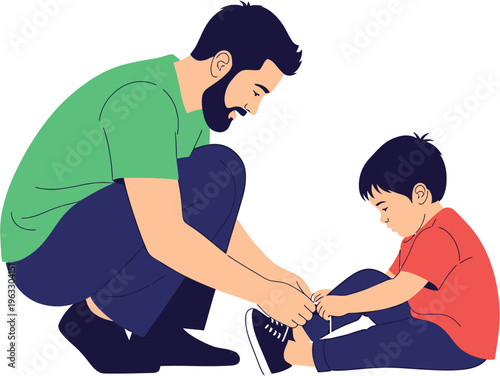 Caring father patiently teaches his young son how to tie shoelaces, illustrating a precious moment of childhood learning and family bonding