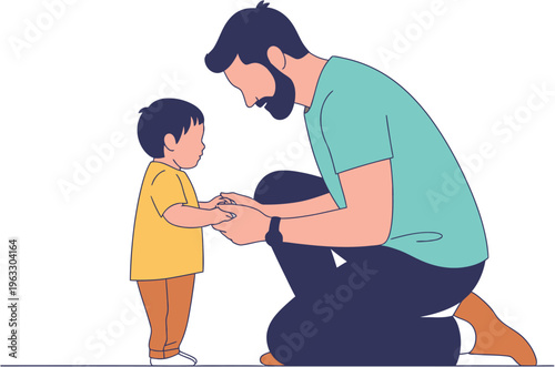 Father kneeling with son, gently holding hands. This illustration captures tender family bonds, paternal love, and the special connection between parent and child