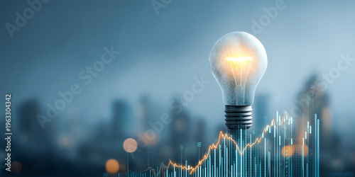 Innovative business idea visualized as glowing digital lightbulb built from financial charts representing strategic vision development and corporate growth