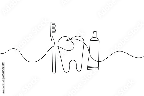 Toothbrush and toothpaste continuous line art for dental care concept