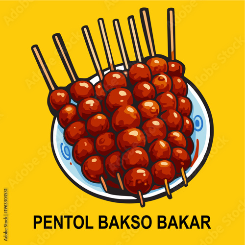 Indonesian Grilled Meatballs Satay Pentol Bakso Bakar Illustration Vector
