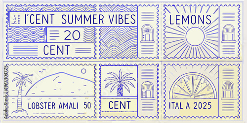 Stylized postage stamps featuring summer themes lemons and coastal imagery
