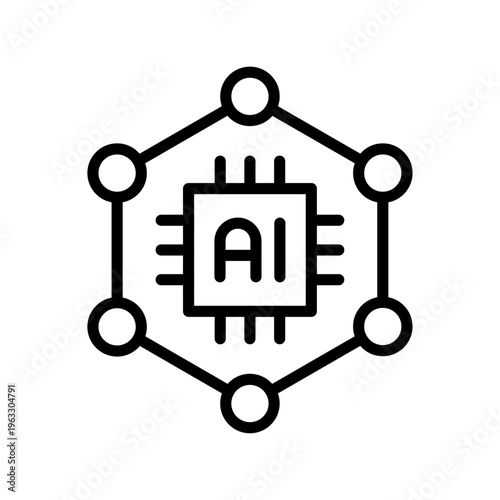 AI Neural Network and Chip thin line icon. Deep Learning, Artificial Intelligence, Digital Technology concept. Black outline vector sign.