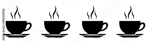 Hot Steaming Coffee Cup Icons Black Silhouette Set
