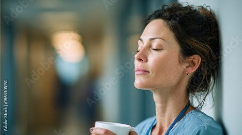 Nurse Takes a Break in Hospital Corridor With Coffee During Busy Shift Reflecting on Wellness