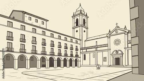 Minimal Spanish Plaza with Classic Buildings Flat Vector Illustration