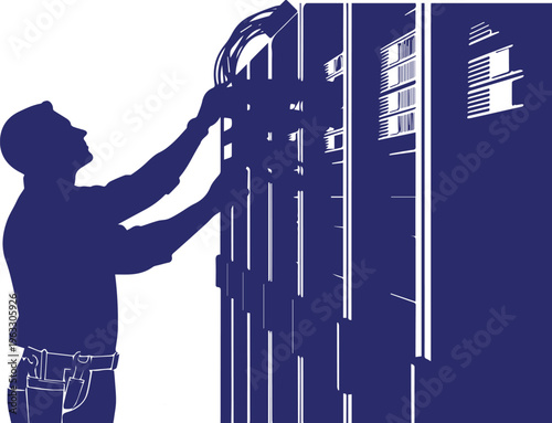 IT technician silhouette working on data center server racks, network engineer maintaining computer hardware, dark blue vector illustration
