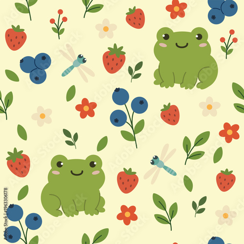 Seamless pattern with nice green frog, dragonfly, berry and leaf