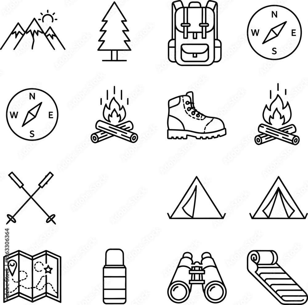 Fototapeta premium Camping gear icons: backpack, boots, compass, map, tent, fire