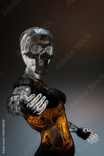 Futuristic 3D Cyborg Portrait with Transparent Body and Internal Amber Wiring