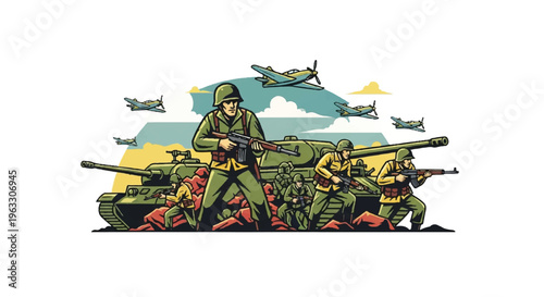 Soldiers and military vehicles illustration against white background