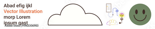 Cloud computing, digital communication, online storage, mood tracking, technology ideas, user interface design. A cloud shape, a smiling face and tech-themed icons. Cloud computing and digital