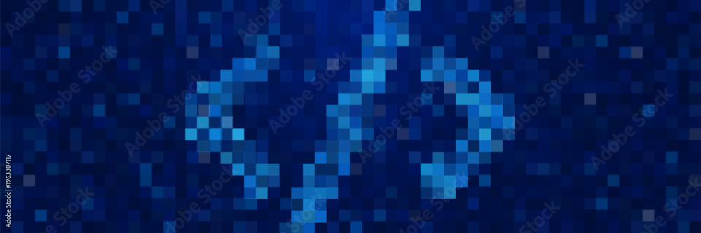 Fototapeta premium Blue pixel code brackets symbol digital coding concept and background. Developer cover background design.