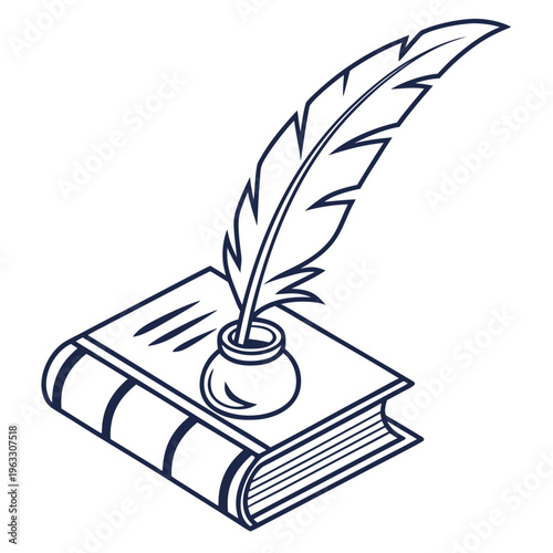 Antique quill pen rests in inkwell on closed book, vintage writing concept, symbol of knowledge and literature.