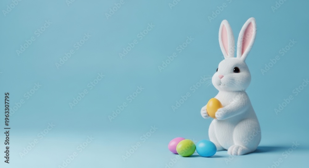 Obraz premium A cute white easter bunny rabbit holds a yellow egg, with colorful eggs on a blue background with room for text - copy space