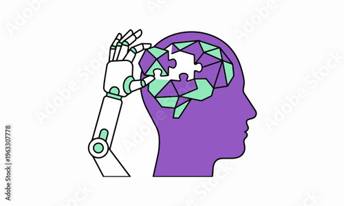 Flat Vector Illustration of a Robot Hand Placing a Puzzle Piece into a Human Brain Symbolizing AI Cognitive Enhancement and Machine Learning