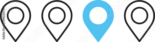 A set of five distinct map marker icons showcasing various styles including thin outlines thick outlines solid black fill and a bold blue color variation for modern digital navigation interfaces
