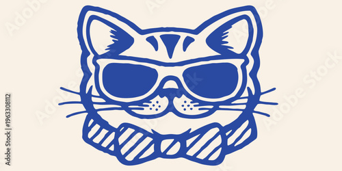 Cool cat illustration wearing sunglasses and a formal bow tie