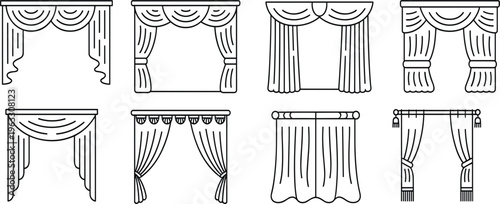 Vector set of window curtain and drapery outline icons for interior design, home decor, decoration