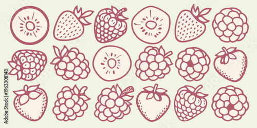 Variety of hand drawn berry illustrations in a repeating pattern