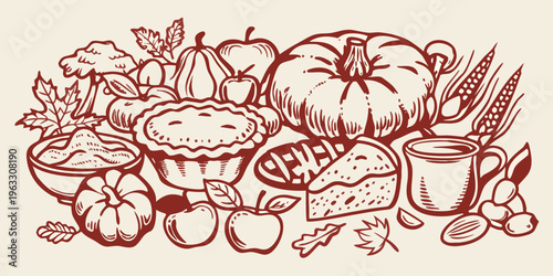 A bountiful harvest illustration featuring autumn produce and baked goods