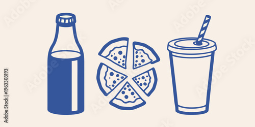 A simple blue illustration of pizza a drink bottle and a soda